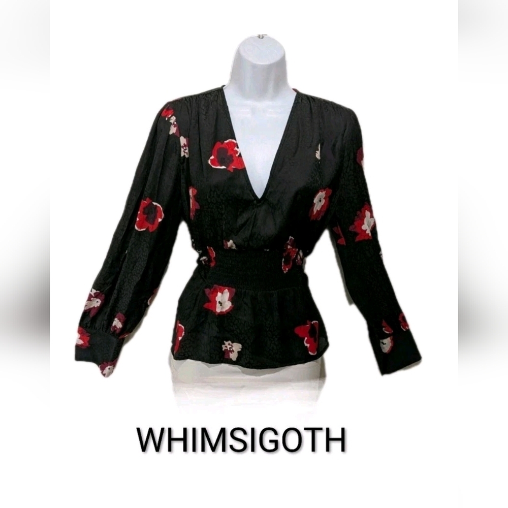 Bar III Smocked Waist Long Sleeve Blouse Top M 90s Y2K Dark Floral Whimsigoth 47